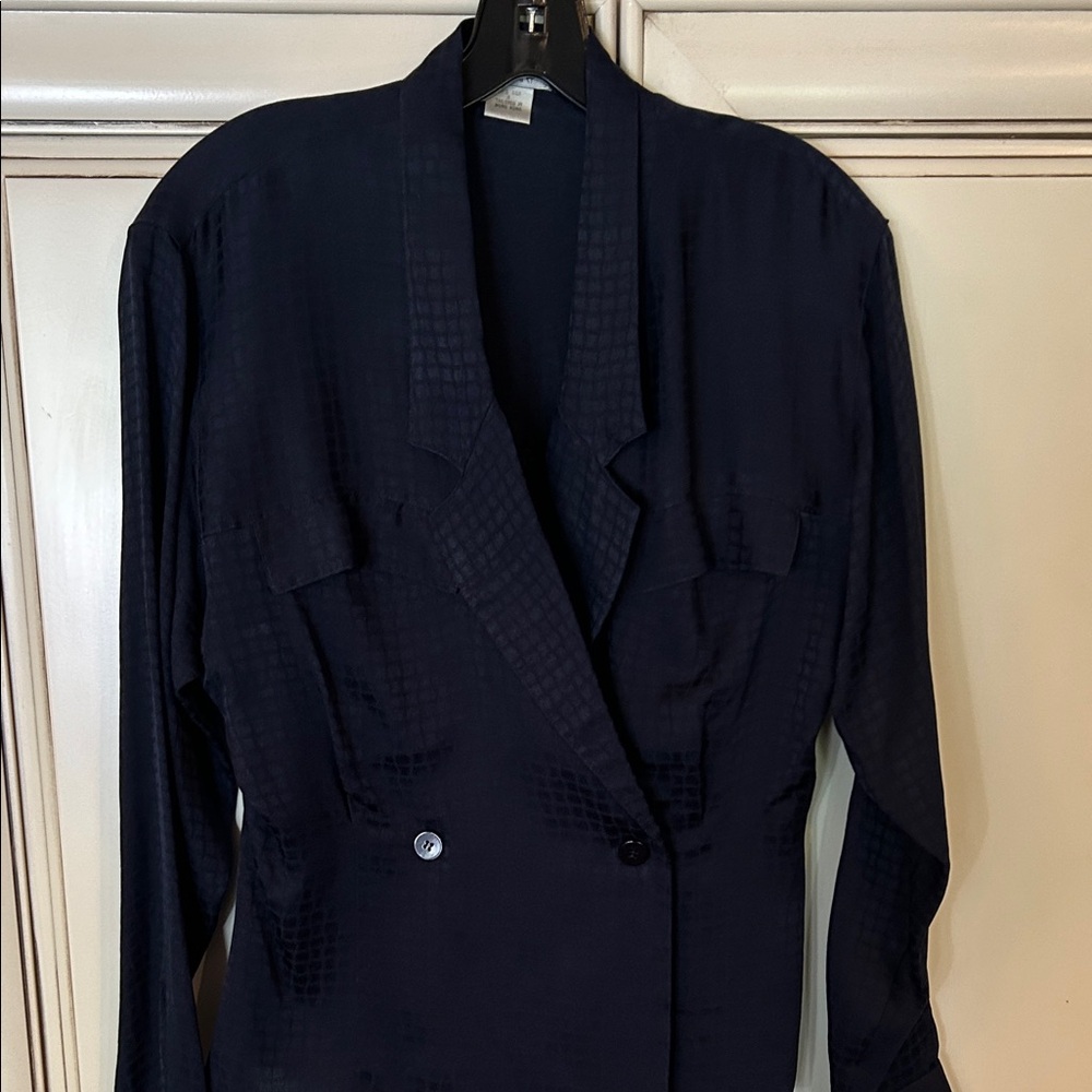 Tahari Midnight Navy Double-Breasted Silk Blouse